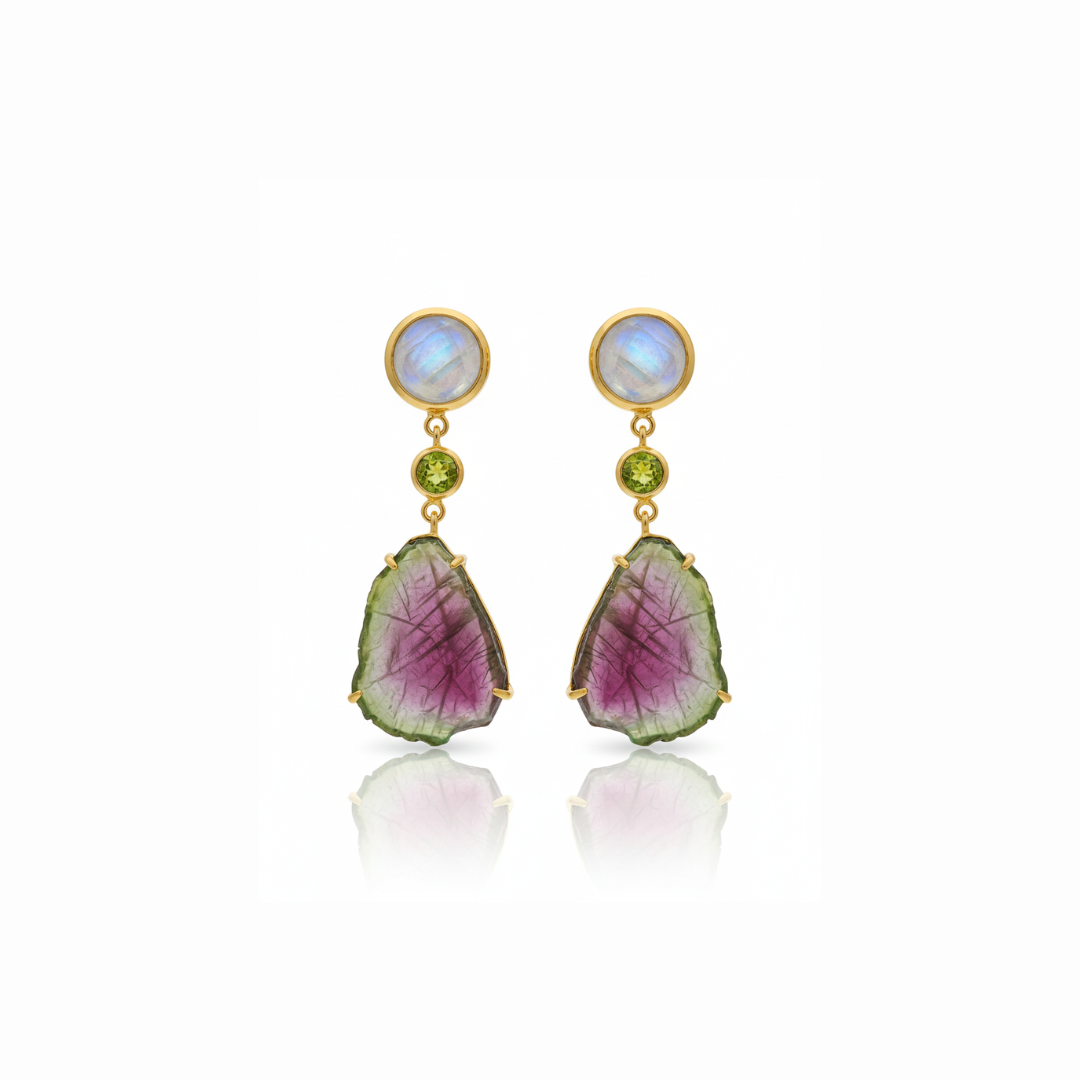 One Off | Rainbow Moonstone, Peridot And Watermelon Tourmaline | Earrings