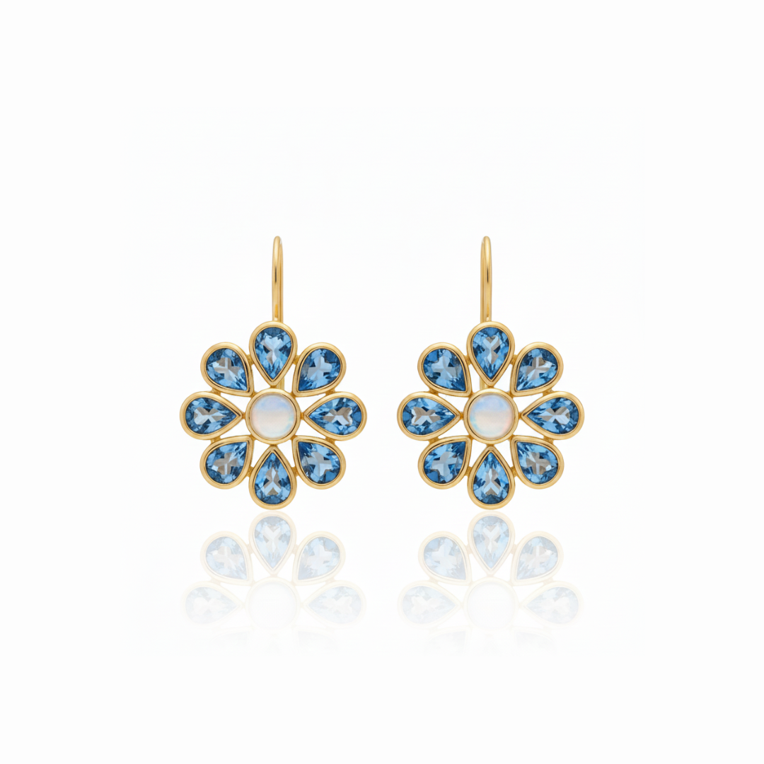 Blossom | Rainbow Moonstone And Swiss Blue Topaz | Earrings