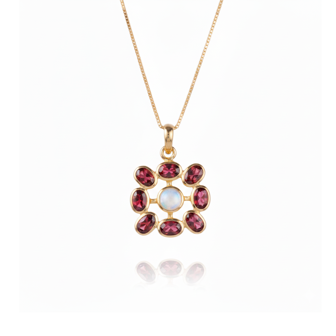 Meera | Rainbow Moonstone And Garnet | Necklace