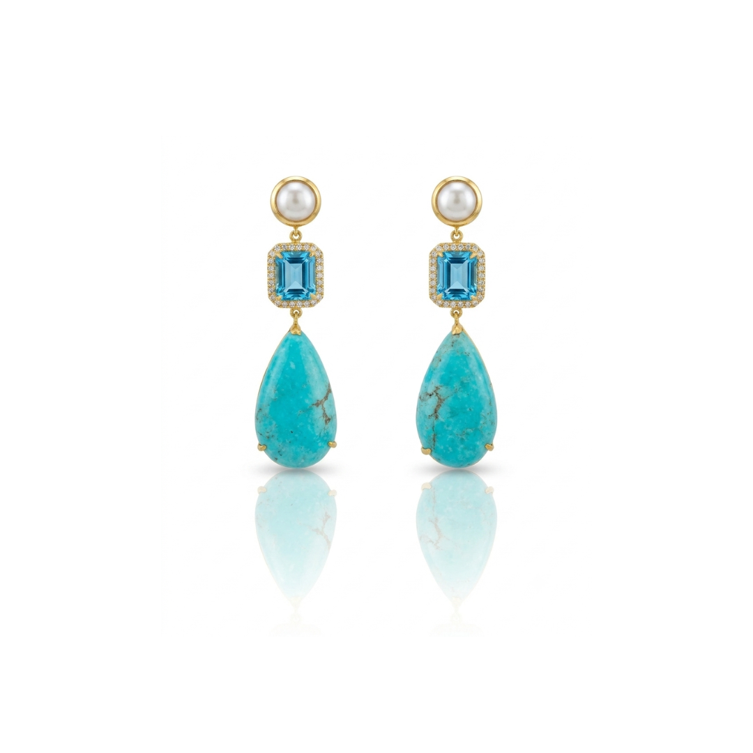 One Off | Turquoise, Swiss Blue Topaz, Cultured Pearl & Cubic Zirconia | Earrings
