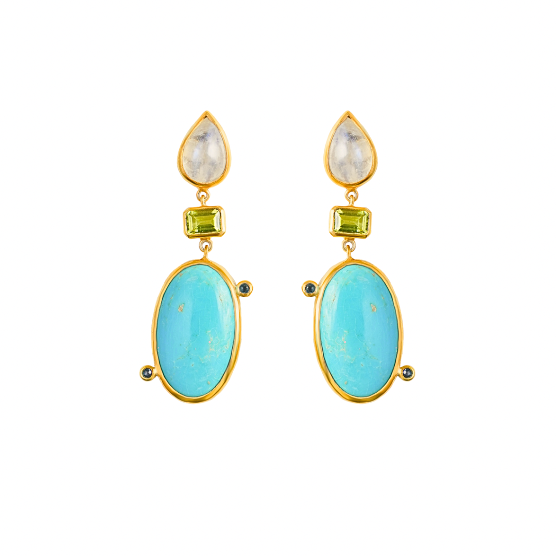 One Off | Rainbow Moonstone, Peridot, Swiss Blue Topaz And Turquoise | Earrings