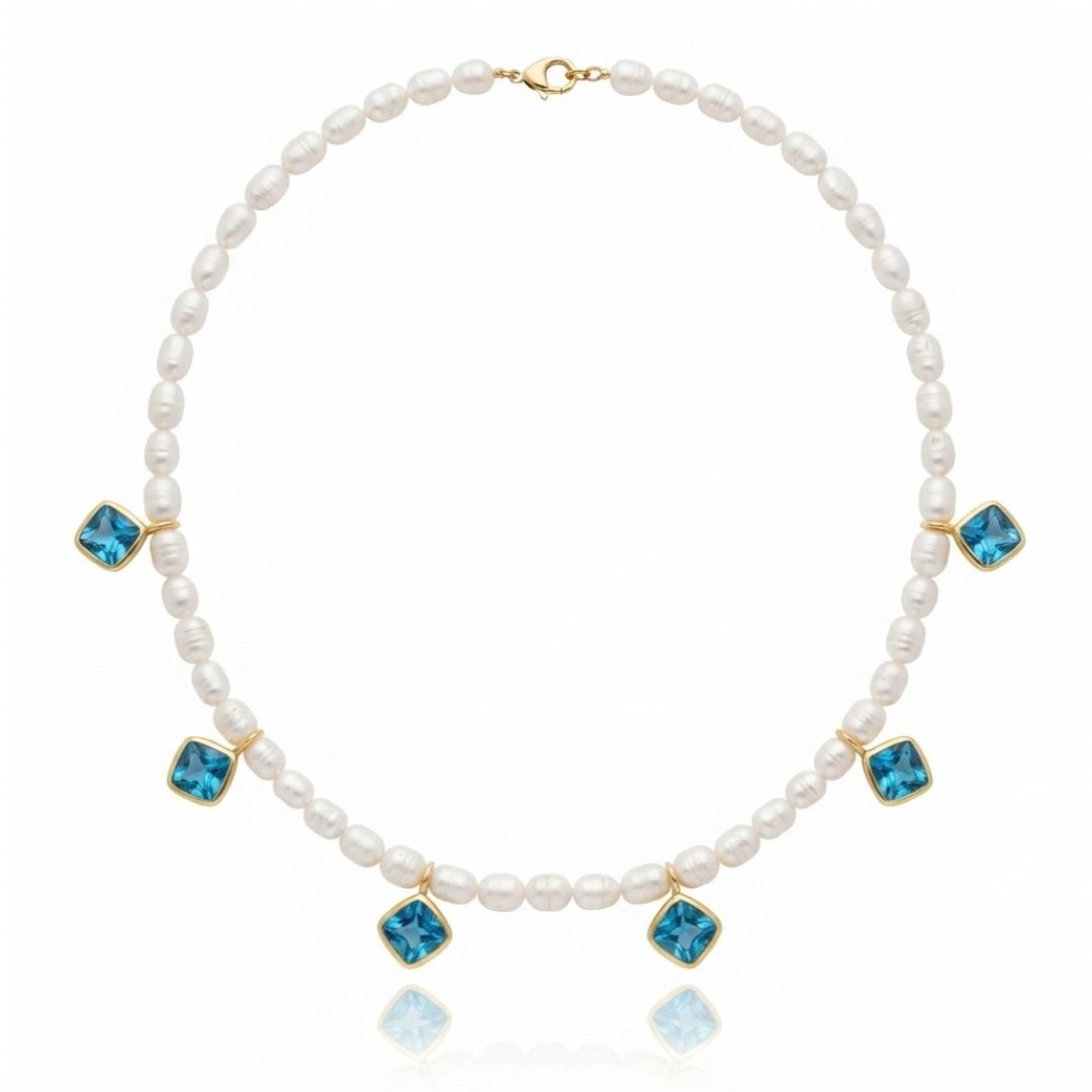 Nina | Cultured Pearls & Swiss Blue Topaz | Necklace