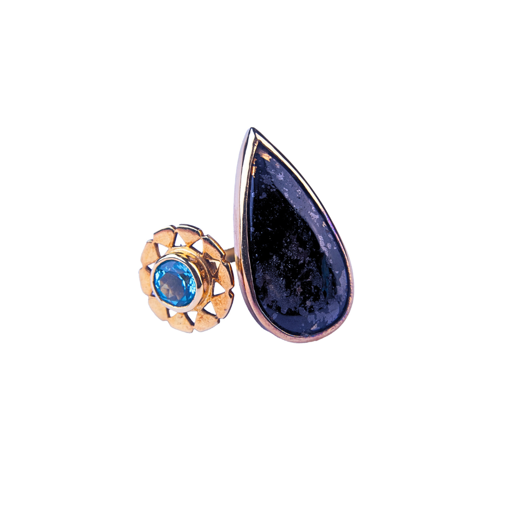 One Off | Nuummite And Swiss Blue Topaz | Ring