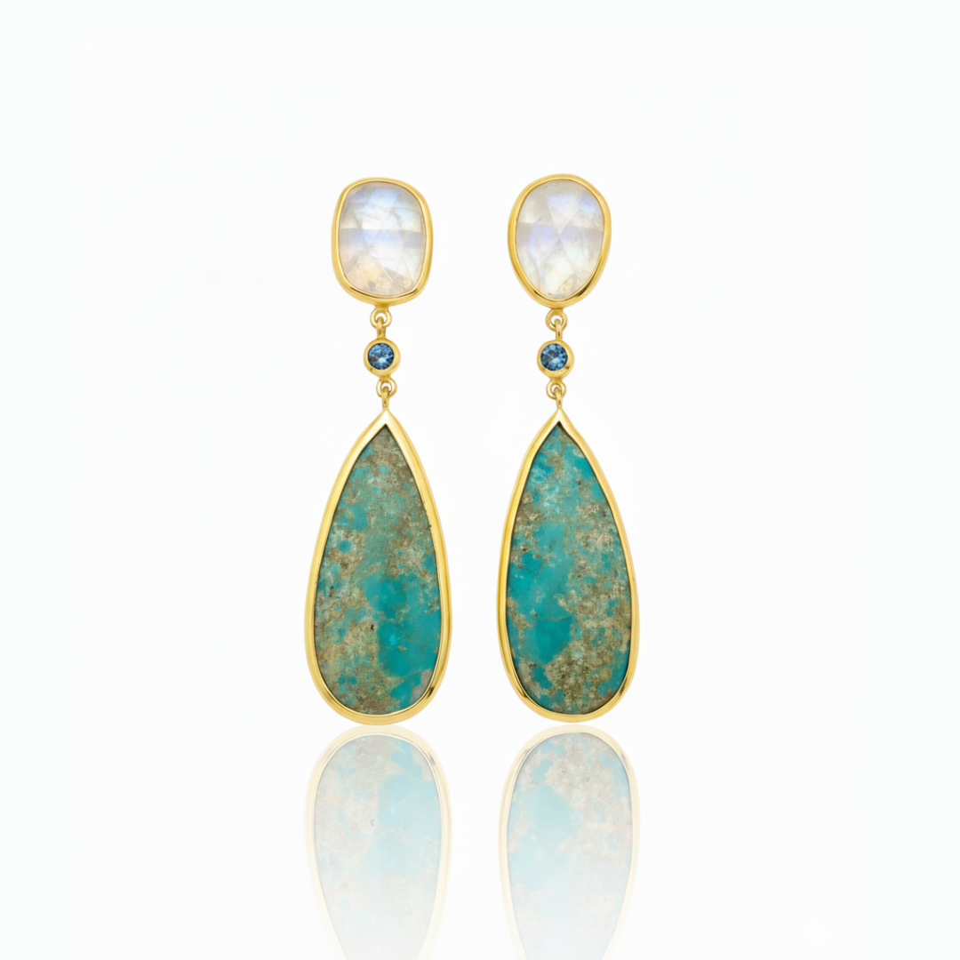 One off | Rainbow Moonstone, Swiss Blue Topaz and Kingman Turquoise | Earring