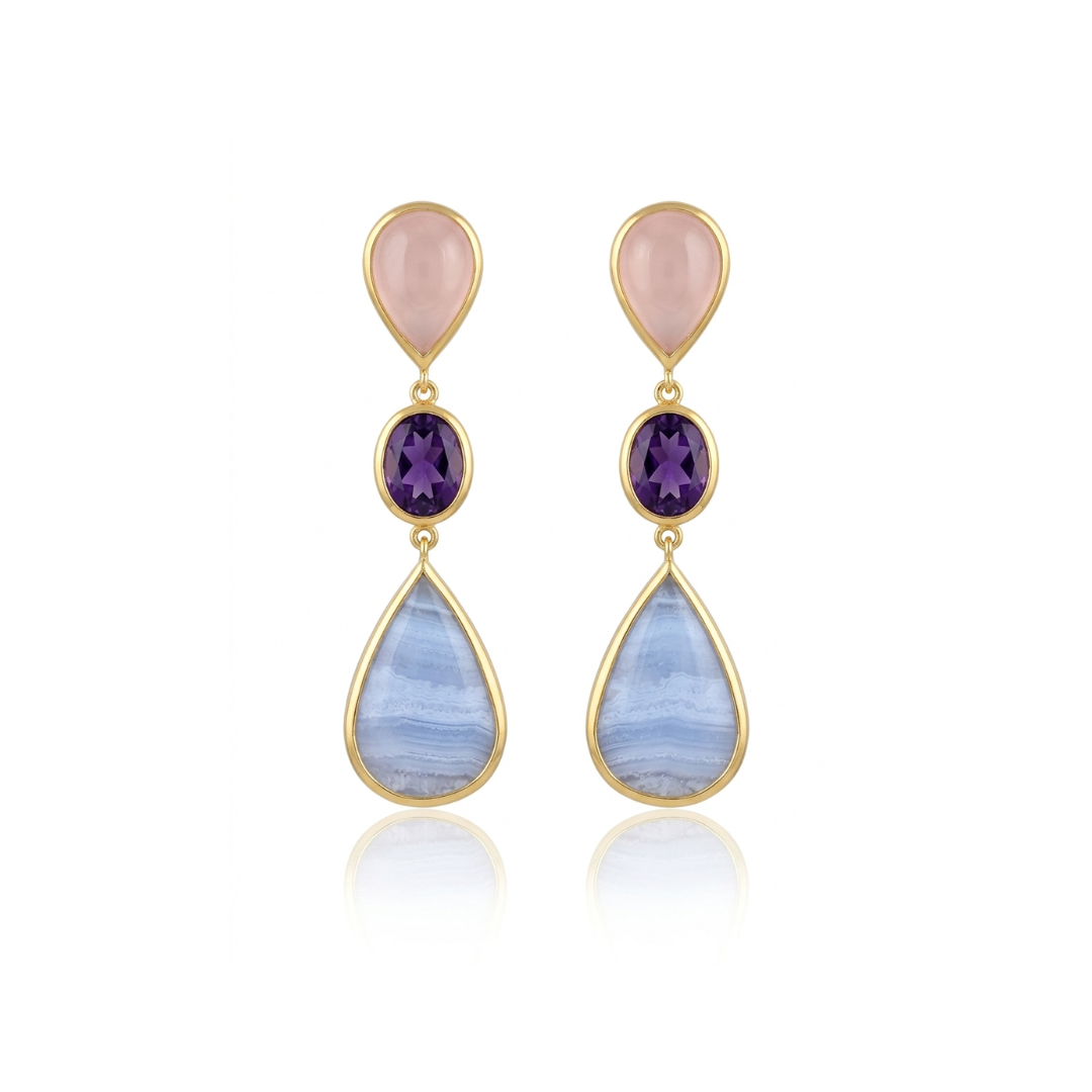 One Off | Rose Quartz, Amethyst & Blue Lace Agate | Earrings