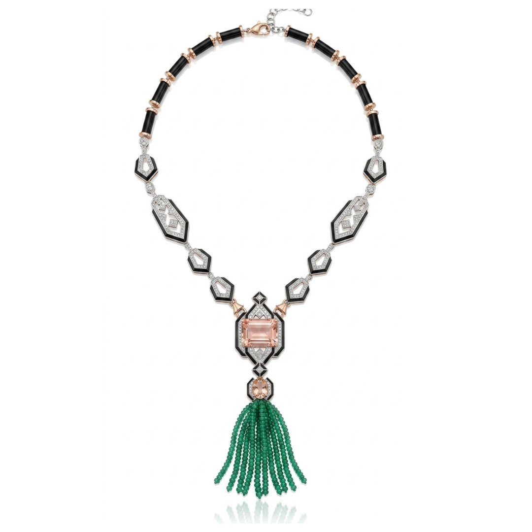 One Off | Morganite, Black Onyx, Emerald Beads & Diamonds | Necklace
