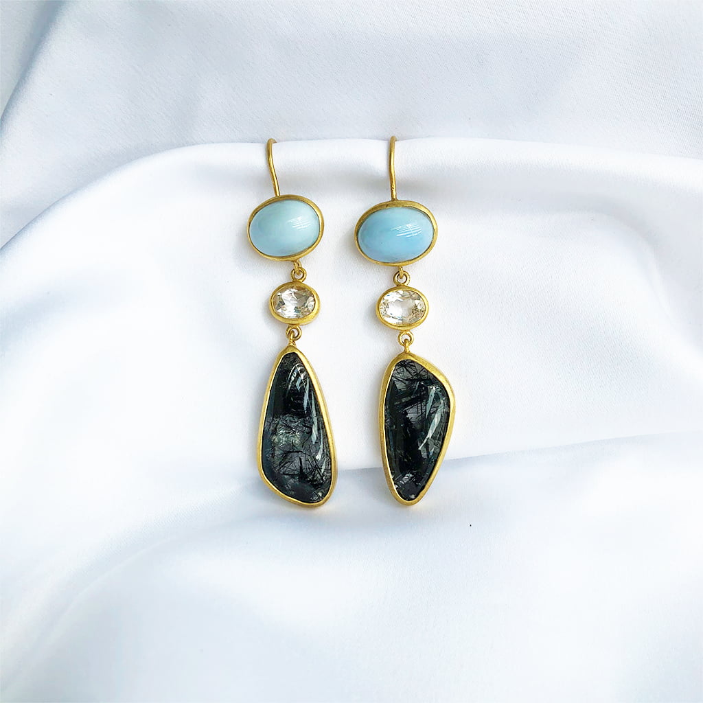 Peruvian opal, Black Rutile Quartz & White Topaz | Earrings