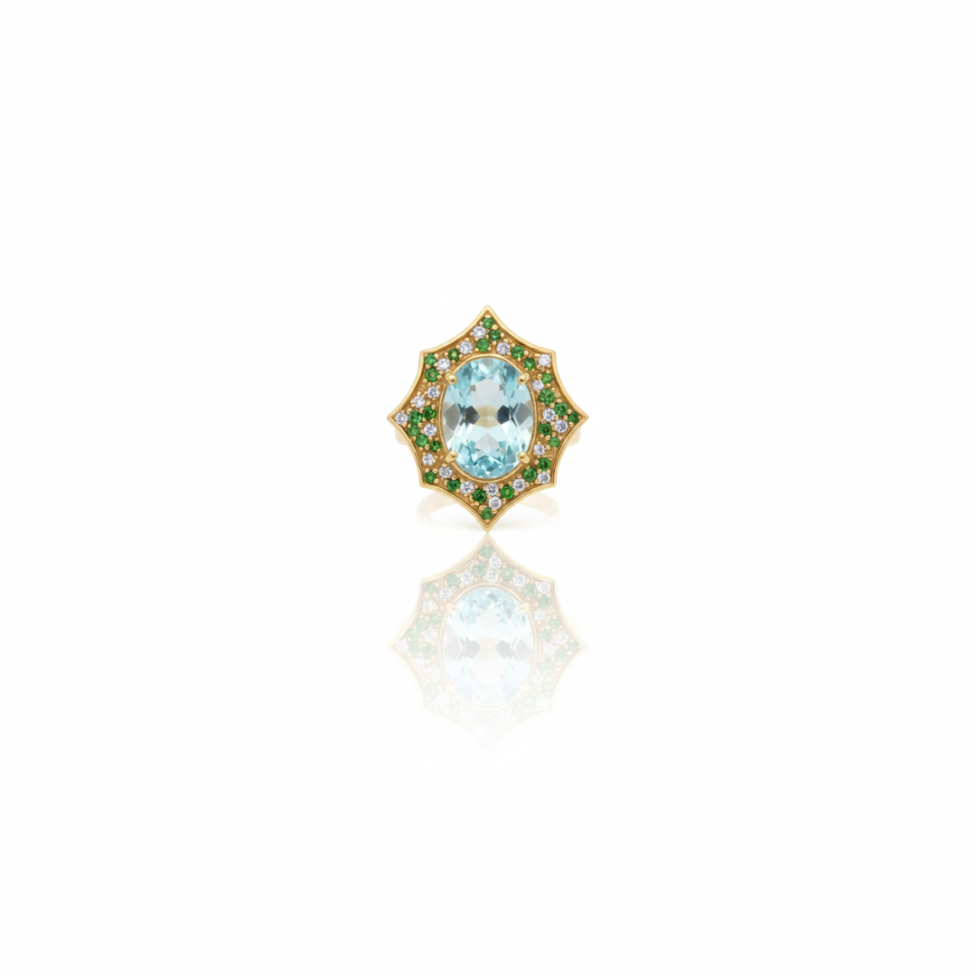 One Off | Aquamarine, Tsavorite And Cubic Zirconia | Ring