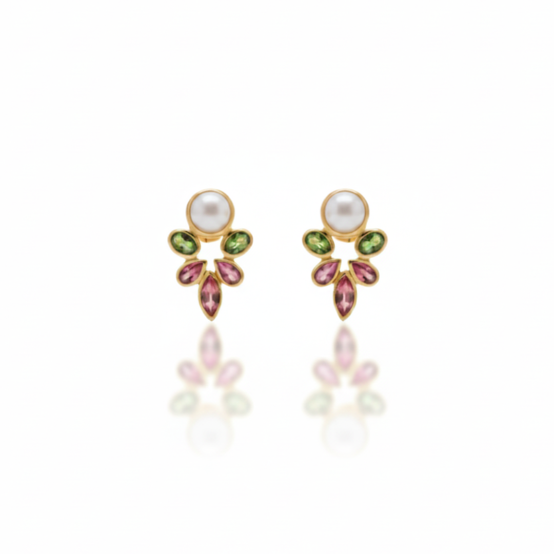 Sara | Pink Tourmaline, Chromium Diopside And Cultured Pearl | Earrings
