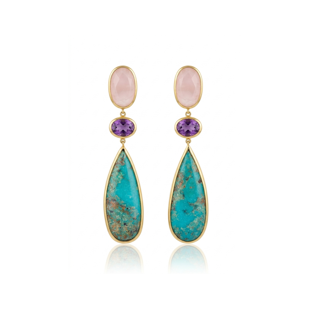 One Off | Rose Quartz, Amethyst & Kingsman Turquoise | Earrings