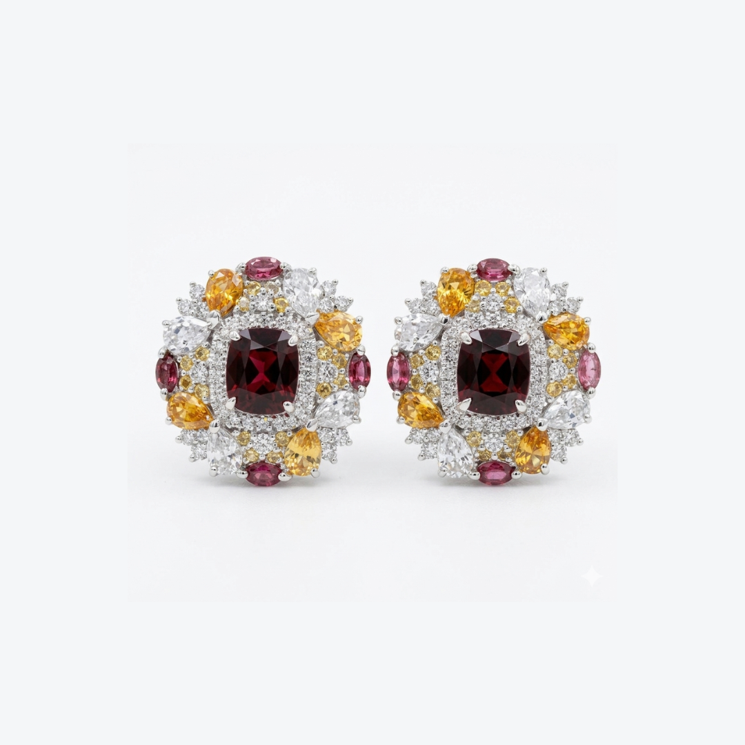 Garnet, Pink Tourmaline, Yellow Sapphire and Cubic Zirconia Studs in Sterling Silver