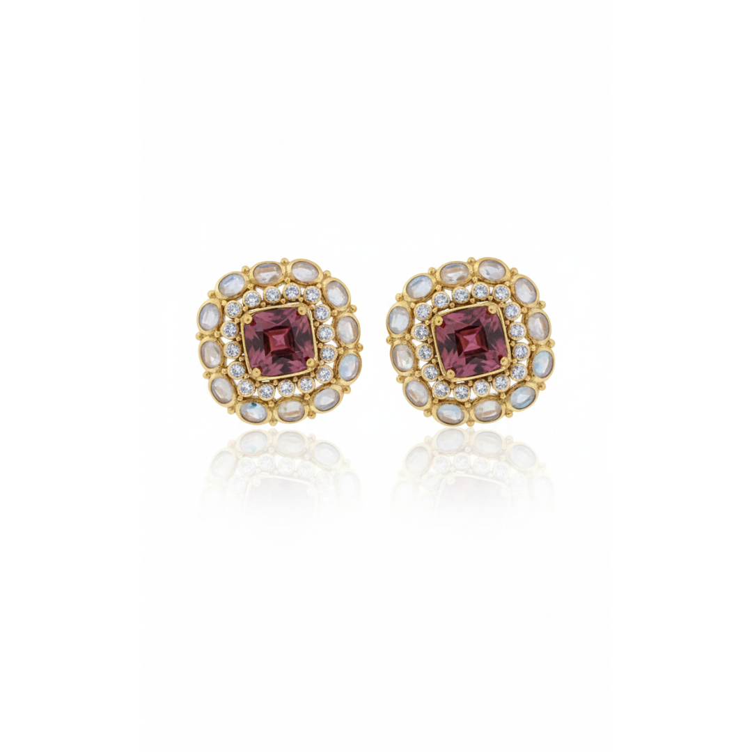 Pink Tourmaline, Moonstone & Cubic Zirconia Studs in Sterling Silver - Gold Plated