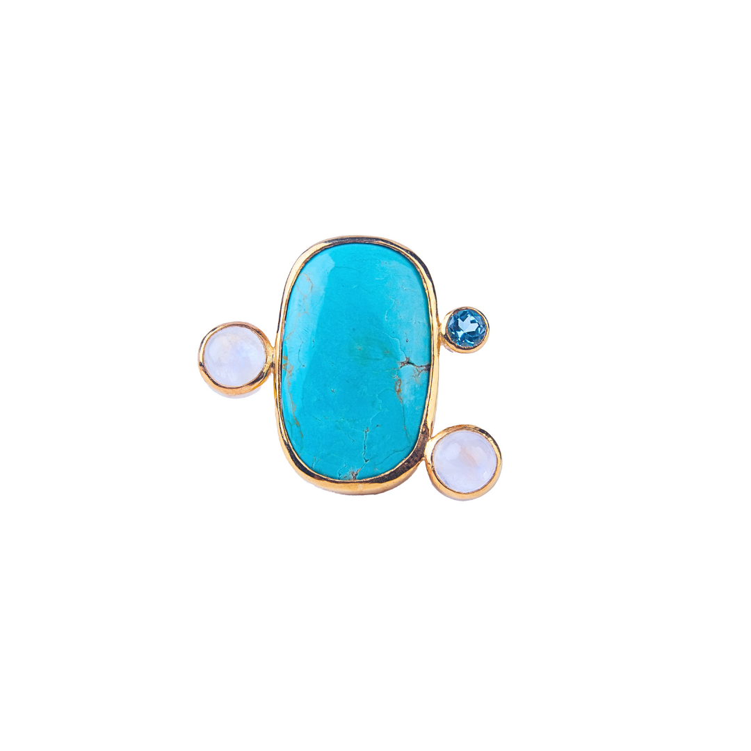 One Off | Turquoise, Rainbow Moonstone And Sky Blue Topaz | Ring