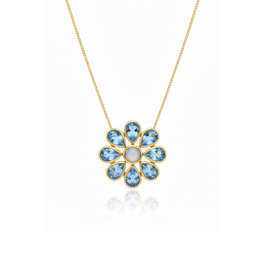 Blossom | Rainbow Moonstone And Swiss Blue Topaz | Necklace