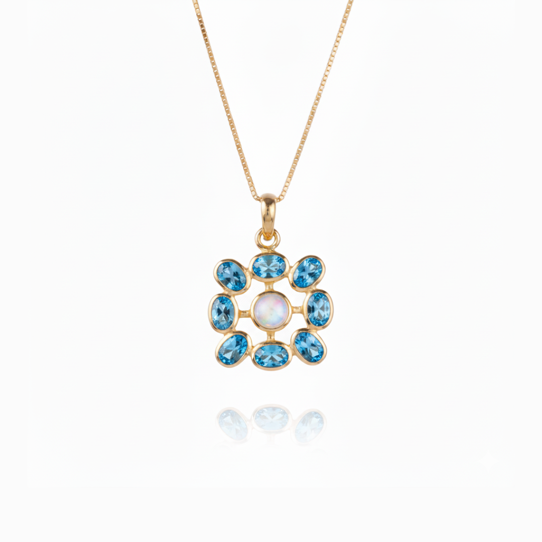 Meera | Rainbow Moonstone And Swiss Blue Topaz | Necklace