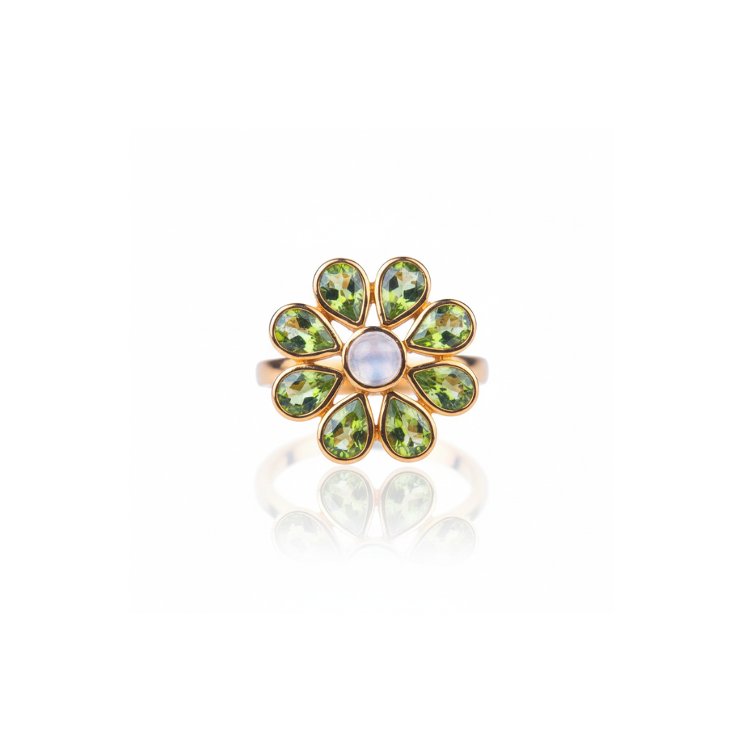 Blossom | Rainbow Moonstone And Peridot | Ring