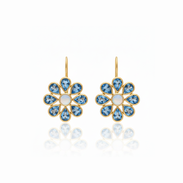 Blossom | Rainbow Moonstone And Swiss Blue Topaz | Earrings
