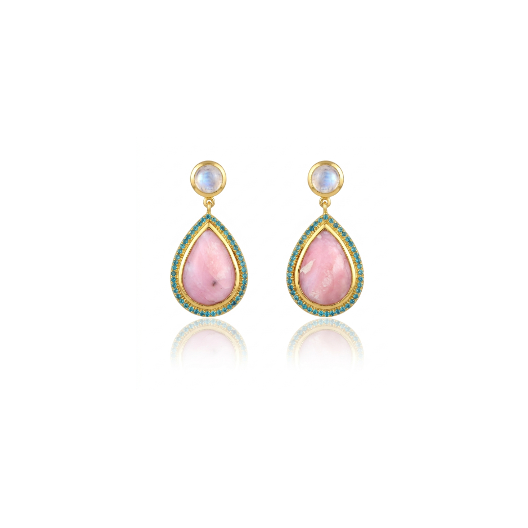 One Off | Rainbow Moonstone, Blue Cubic Zirconia & Pink Opal | Earrings