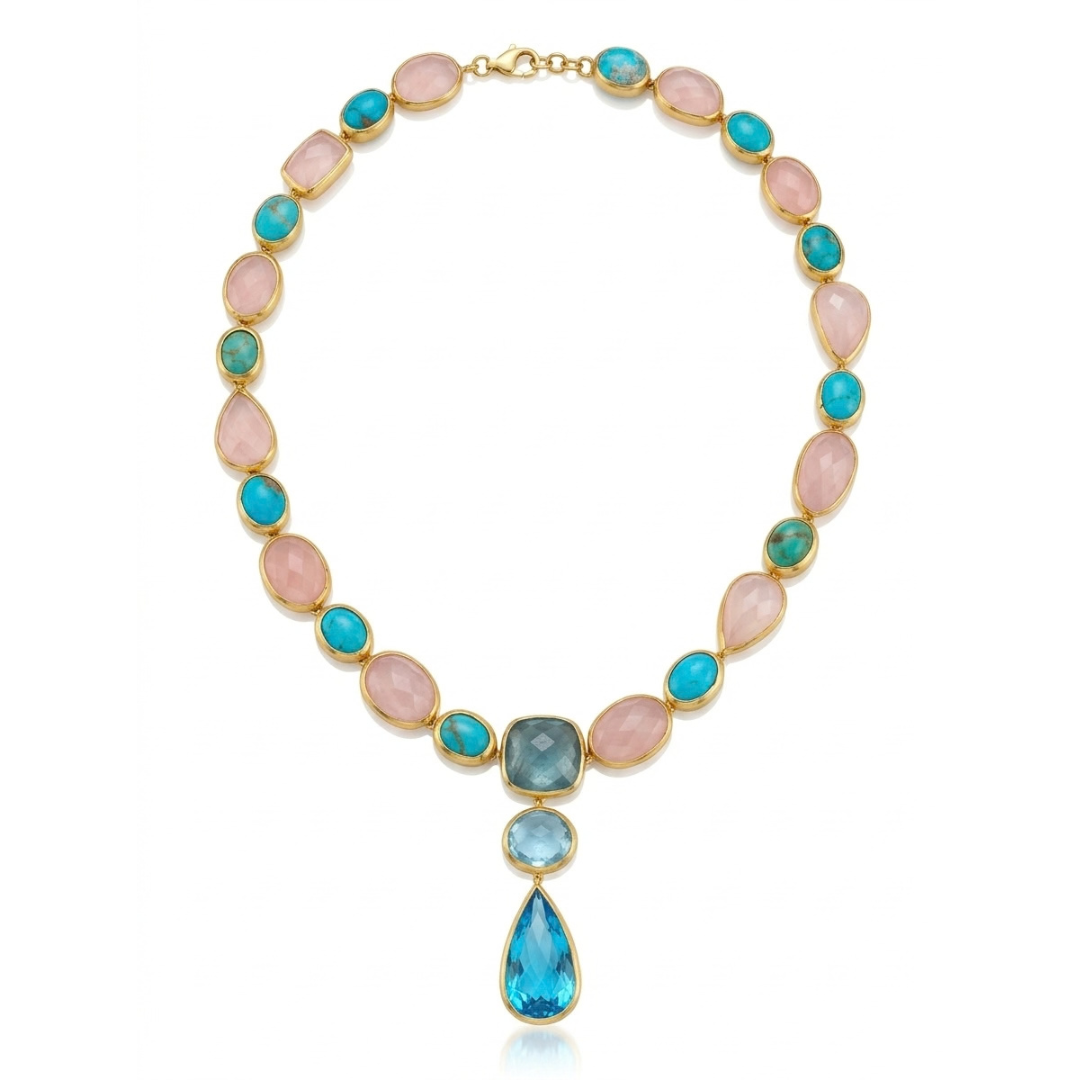 One Off | Rose Quartz, Kingman Turquoise, Swiss Blue Topaz & Sky Blue Topaz | Necklace