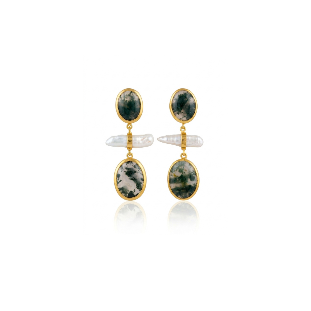 One Off | Moss Agate & Pearl | Earrings