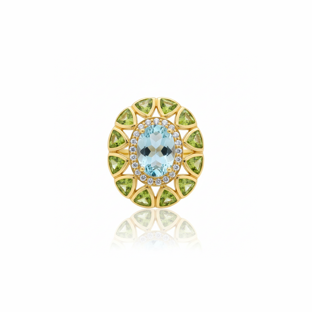 One Off | Aquamarine, Peridot And Cubic Zirconia | Ring