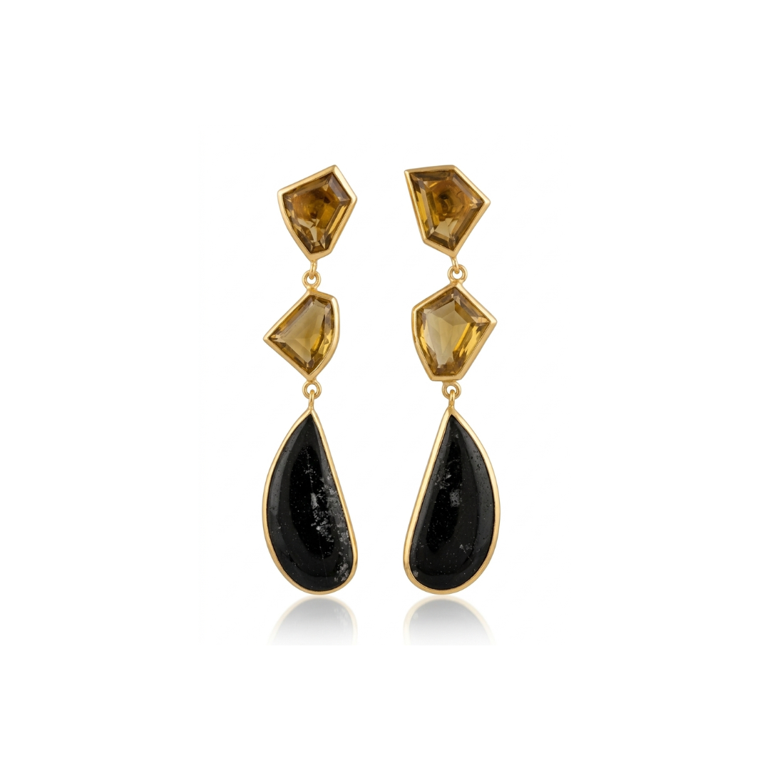 One off | Beer Quartz & Black Tourmaline | Earrings