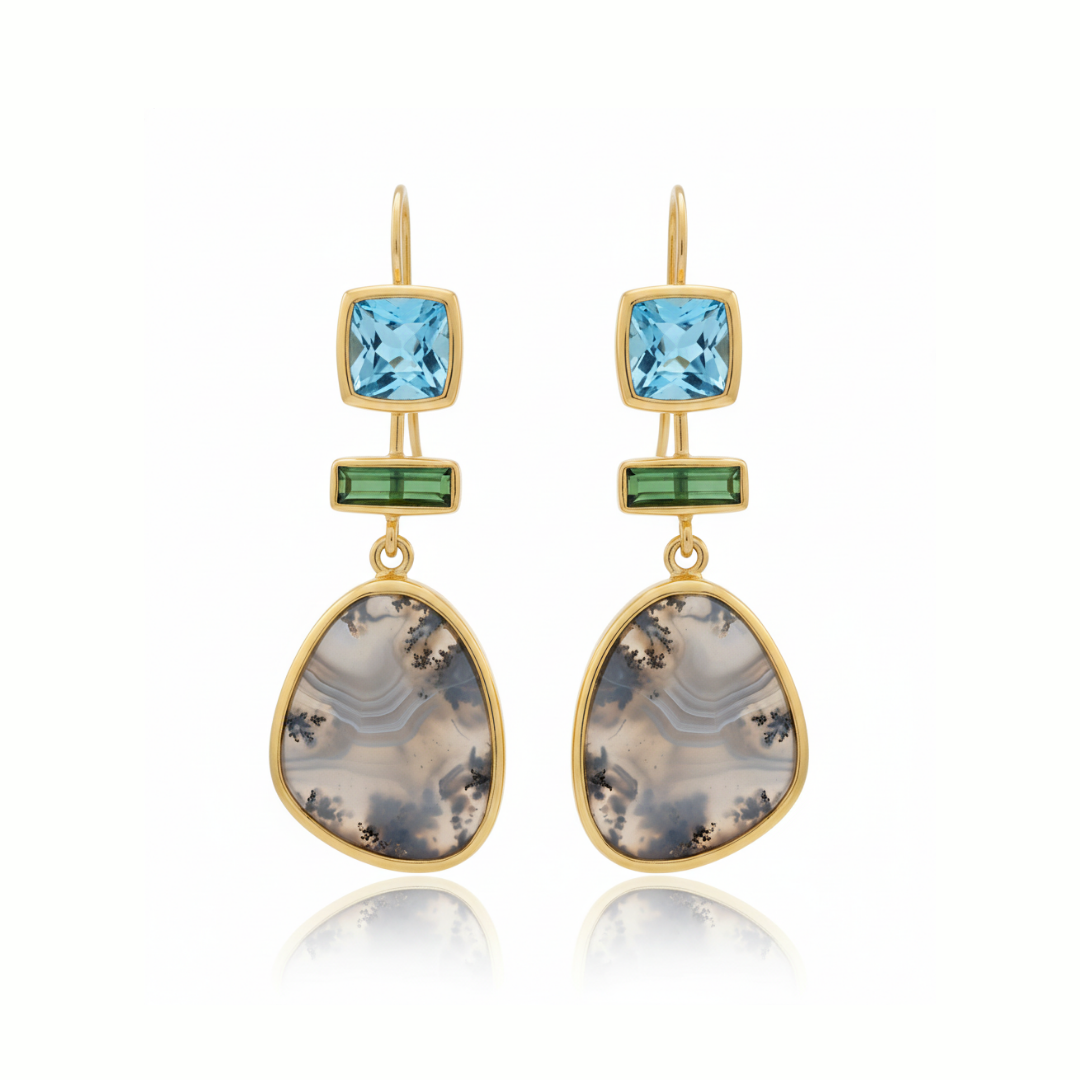 One Off | Montana Agate, Green Tourmaline And Sky Blue Topaz | Earrings