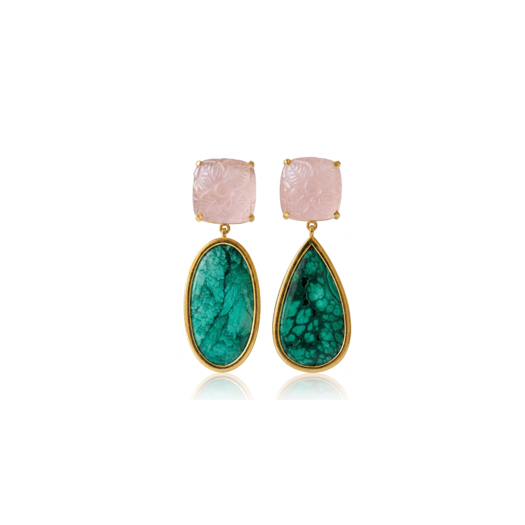 One Off |  Rose Quartz & Malachite | Hoops