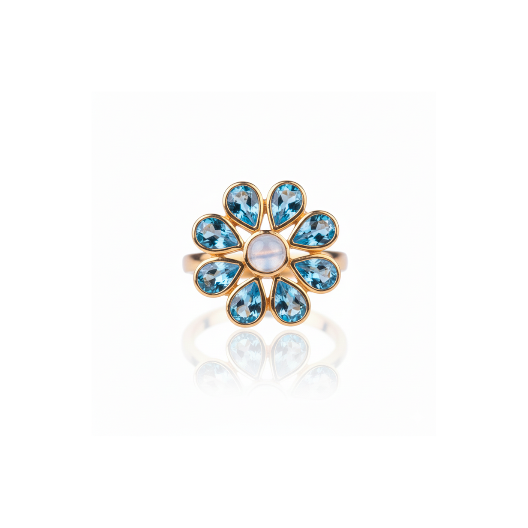 Blossom | Swiss Blue Topaz And Rainbow Moonstone | Ring