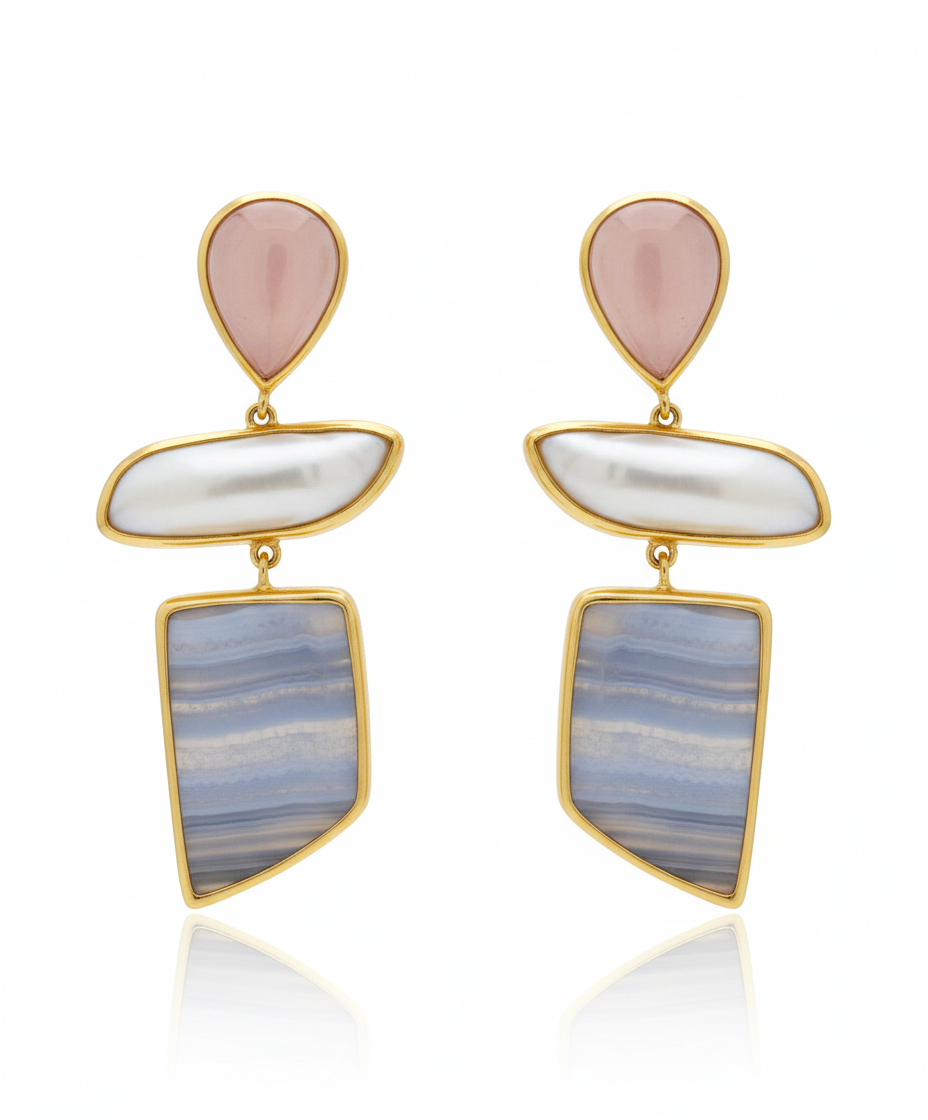 One Off | Rose Quartz, Cultured Pearl And Blue Lace Agate | Earring