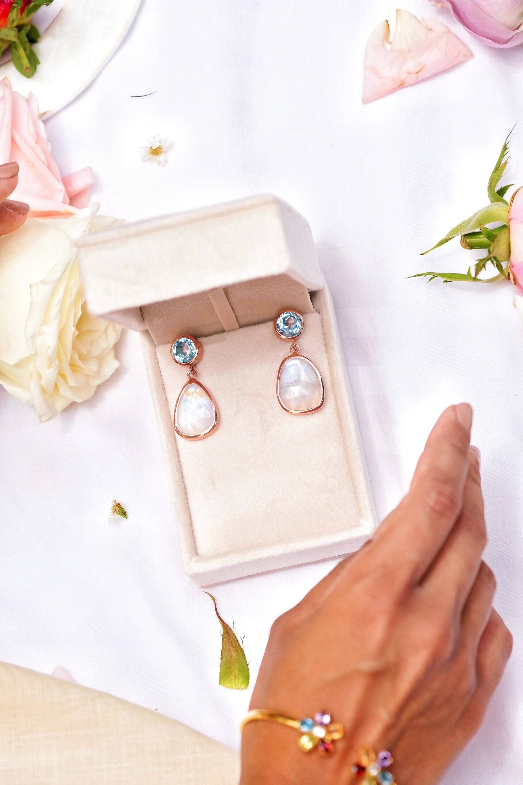 One Off | Sky Blue Topaz And Rainbow Moonstone | Earrings