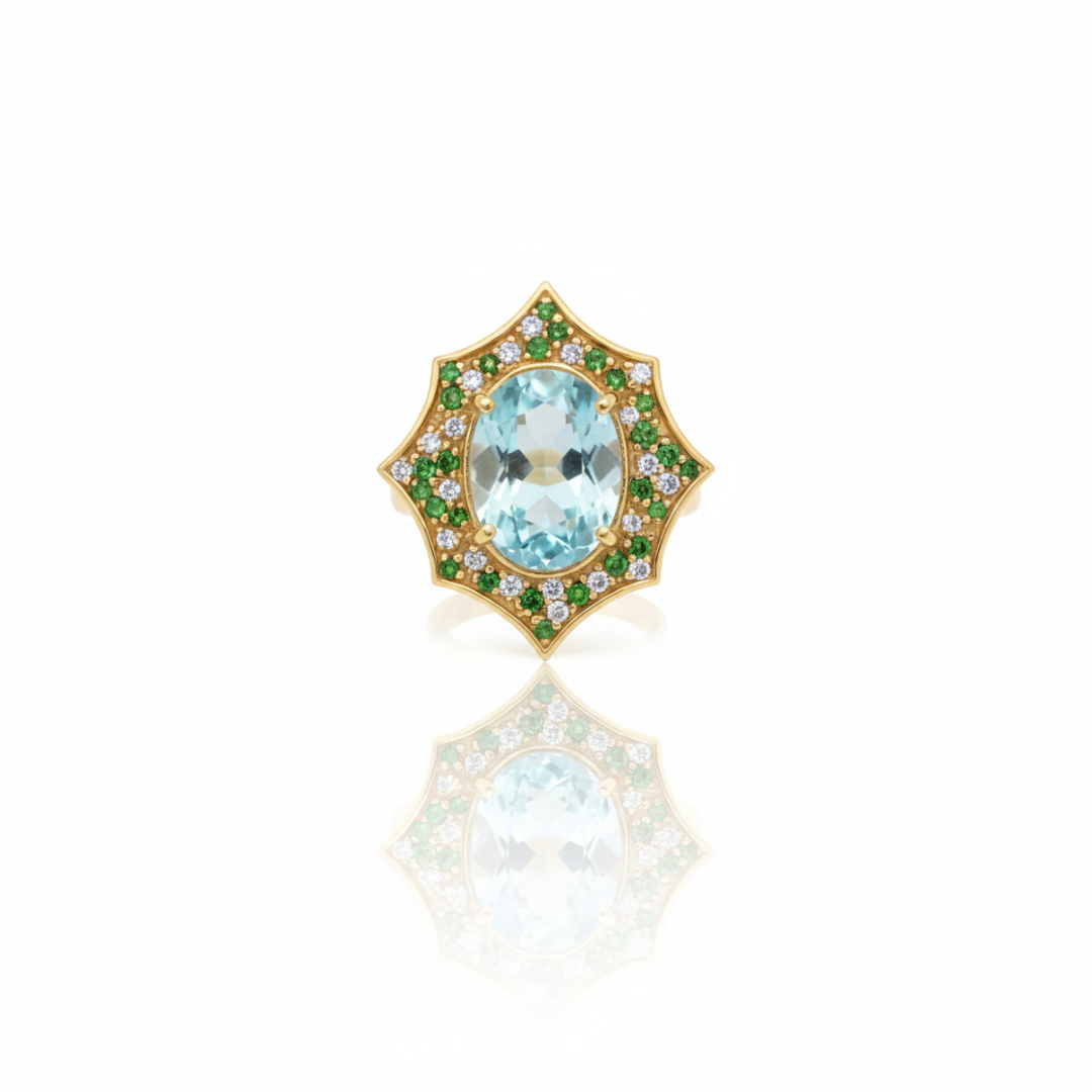 One Off | Aquamarine, Tsavorite And Cubic Zirconia | Ring