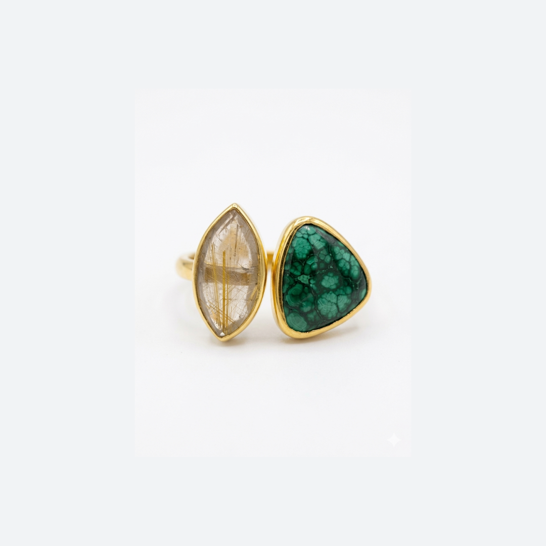 One Off | Golden Rutile Quartz & Malachite | Ring