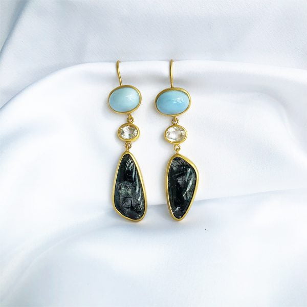 Peruvian opal, Black Rutile Quartz & White Topaz | Earrings