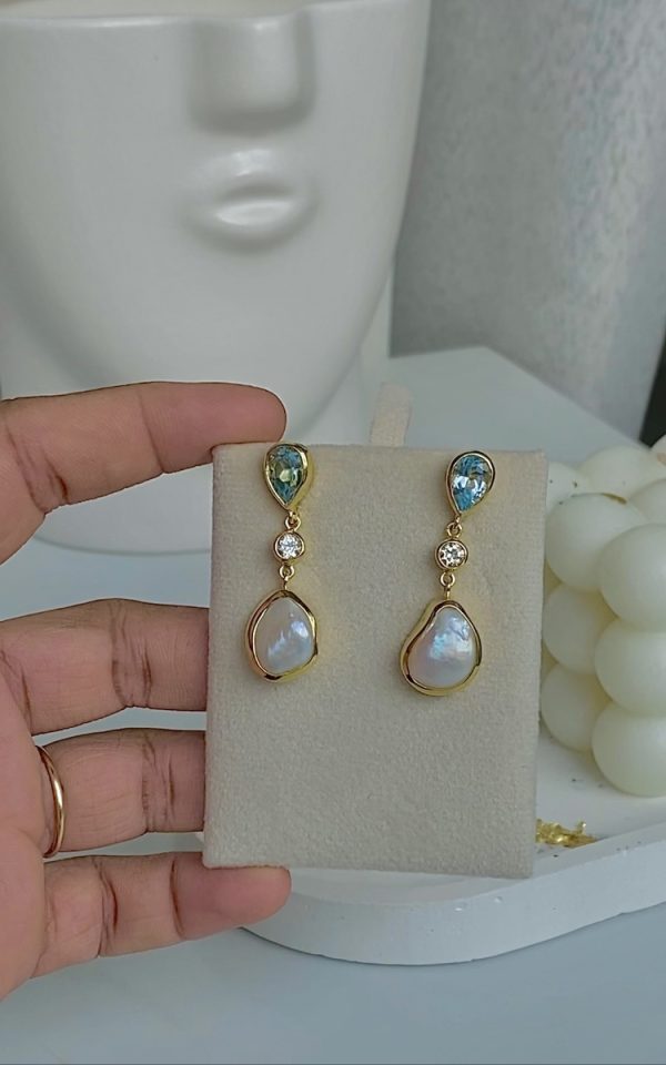 Raya Earrings | Natural Sky Blue Topaz | White Topaz | Cultured Pearl