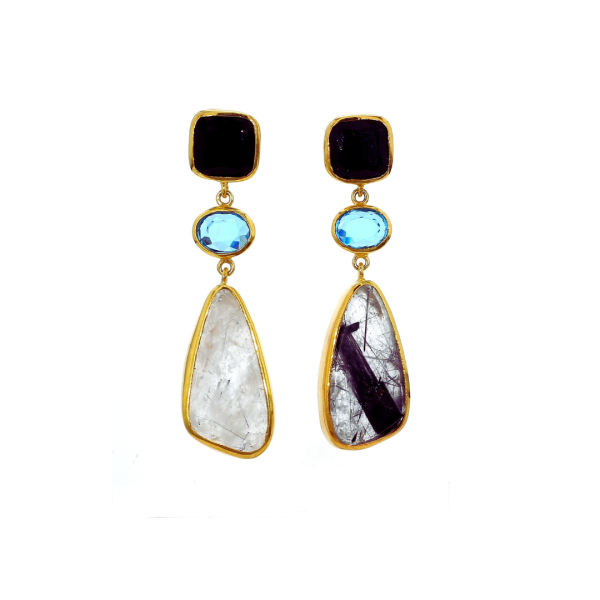 One Off | Black Onyx , Swiss Blue Topaz, Black Needle Rutile Quartz | Earrings